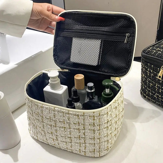 ツイード風 大容量 メイクアップバッグ エレガント デザイン ダブルジッパー